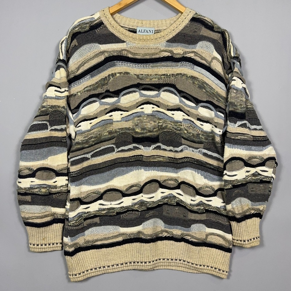 Alfani 3D Textured Knit 90s Sweater Mens Size Large Multi Color Coogi Style